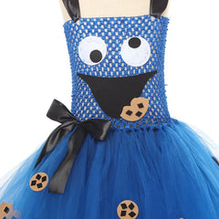 Halloween Cookie Monster Costume For Girl Lace TUTU Dress Festive Kid Up Sling Bow Tunic+Headband 2PC Set Child Frock Cloth