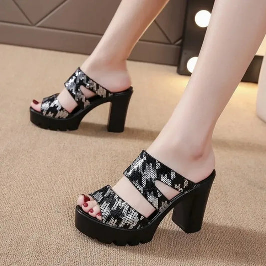 Plus Size 32-40 Block Size Platform Slippers Women Shoes Summer High Heels