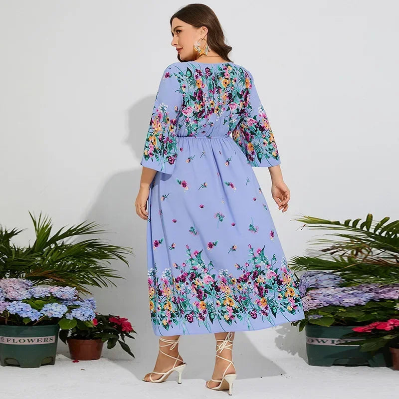 Middle East Hot Spring Plus Size Dress Fragmented Chiffon Elastic Waist Flare Sleeves Holiday Long Dress