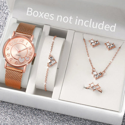 6PCS/Set Fashion Heart Dial Women Watches Plastic Band Quartz Watch Rhinestone Heart Jewelry Set（Without Box）