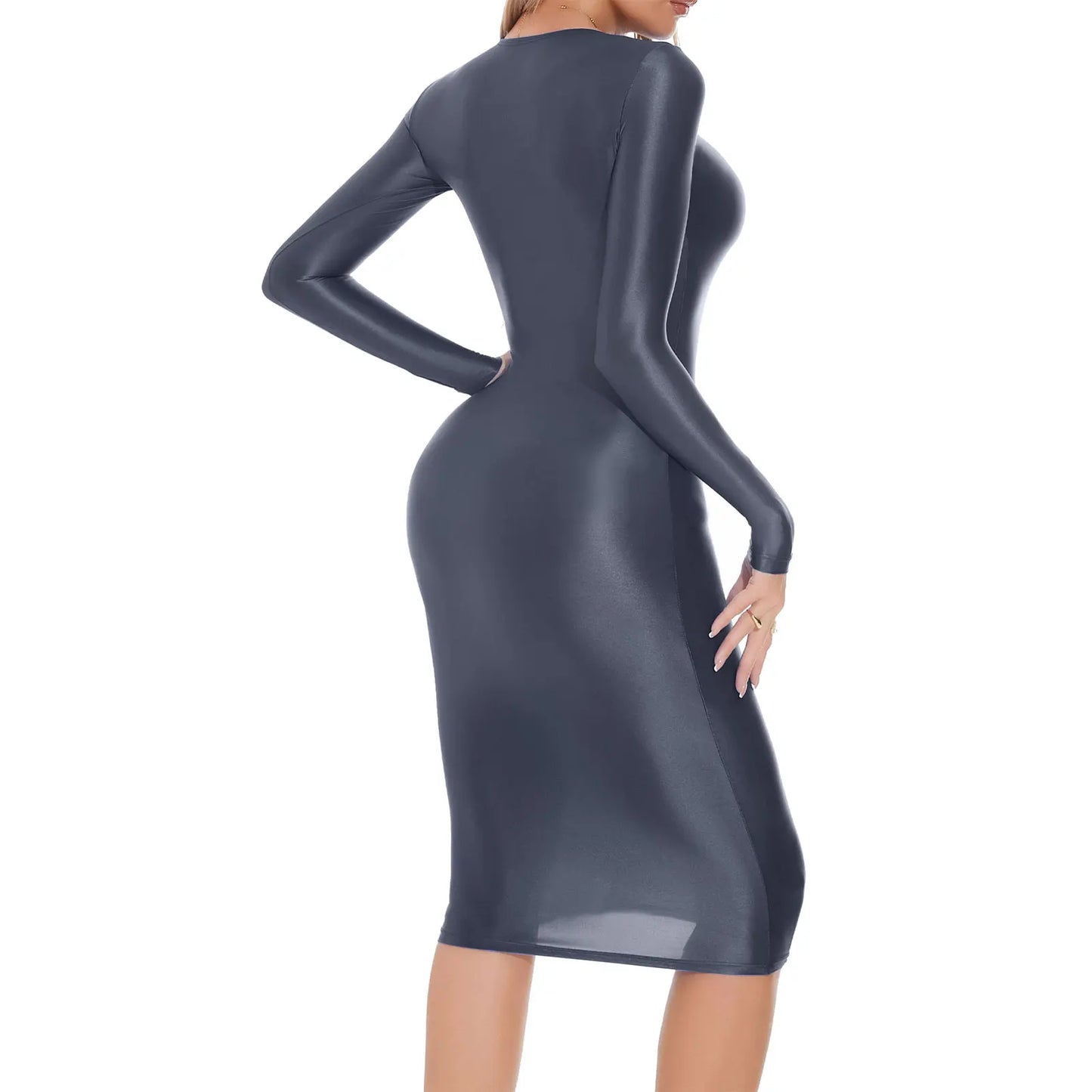 Womens Oil-shiny Bodycon Dress Long Sleeve Hip Wrap Sleep Dress Sexy Nightwear for Clubwear Performance Cocktail Party Costume