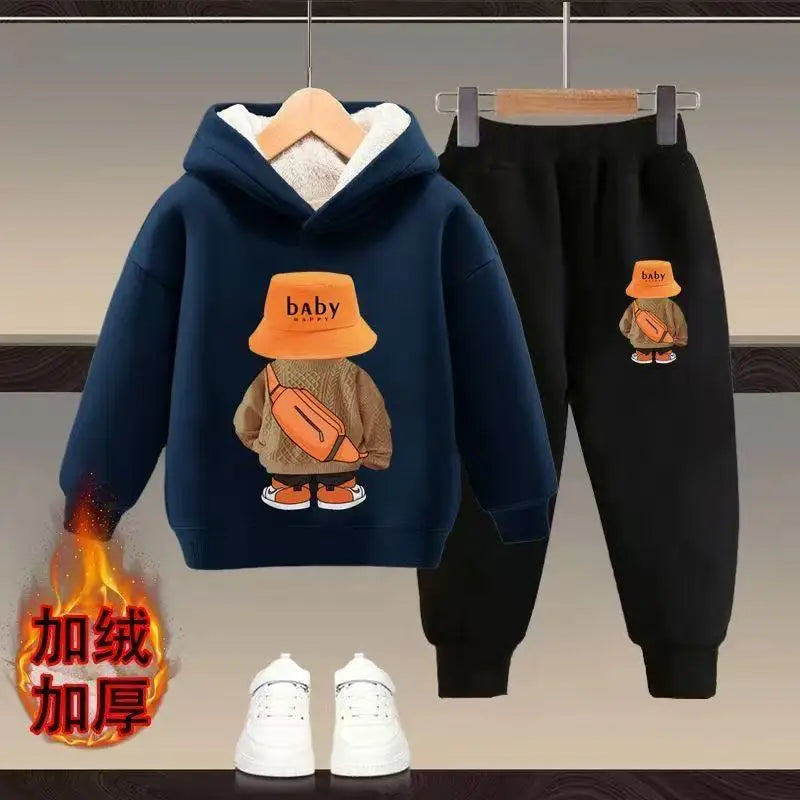 Winter Spring Kid Girls Hoodies Plush Warm Clothes Set Children Boy Cartoon Bear Printed Hooded Pullover Top And Pants 2PC Suit