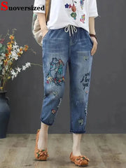 Embroidery Ankle-Length Baggy Jeans Elastic Capris Lace Up Harem Denim Pants