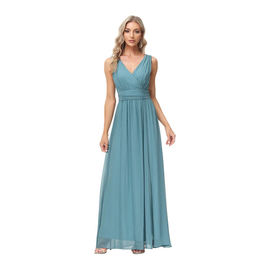 Women Chiffon Long Party Dress V-neck Sleeveless Evening Dress