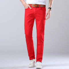 Men's Bright Stretch Fit Jeans Trendy Denim Straight-leg Trousers Male Red Lake