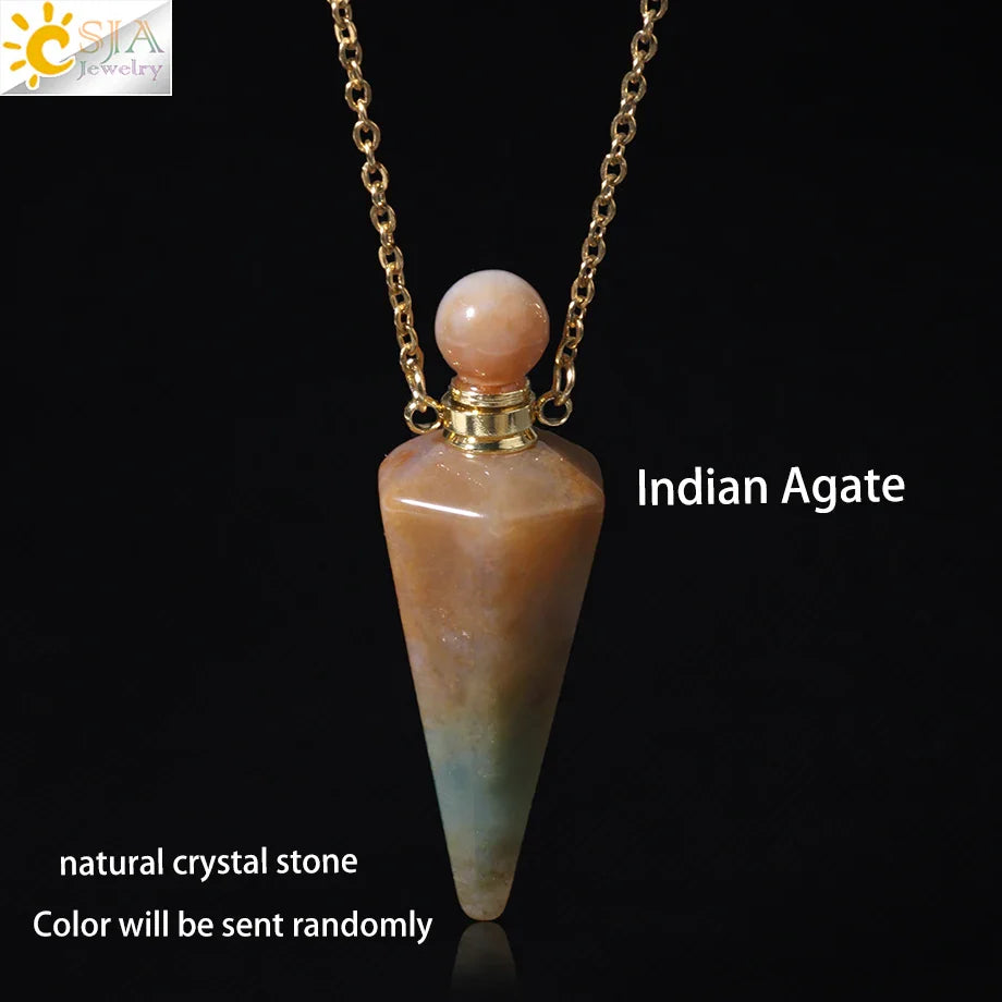 Natural Stone Cone Perfume Bottle necklace Healing Clear Quartz Crystal Pendant Reiki Essentials Oil Diffuser Vial Necklace H119