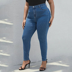 Plus Size Women Pencil Jeans High Waist Stretchy Jeans Summer Thin Light Blue Pants