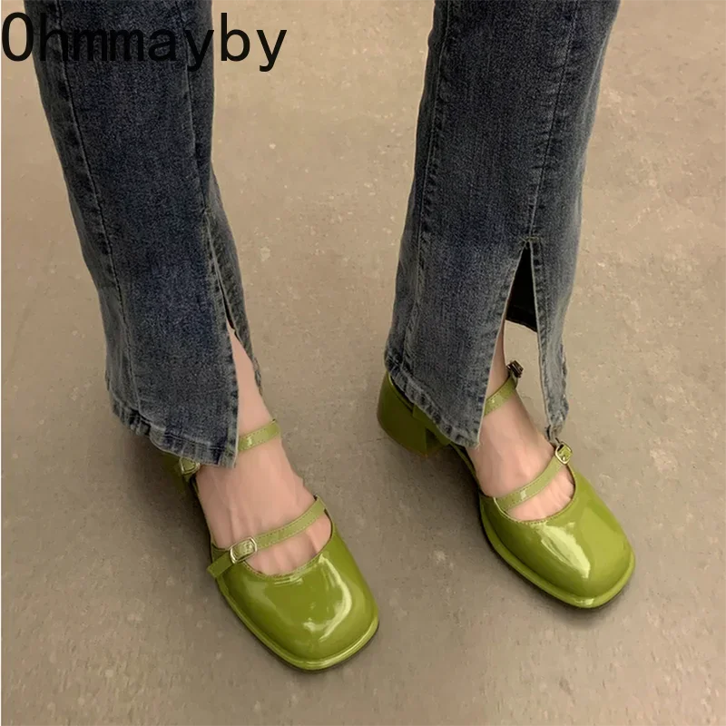 New Mary Jane Shoes Buckle Pumps Women Thick Heels Elegant Shallow Square Toe Footwear Fashion Outdoor Lady Shoes