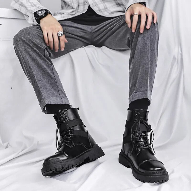 Black Men's Boots Chelsea Fashion Trend Tactical Platform Boots Leather Military Boot Men