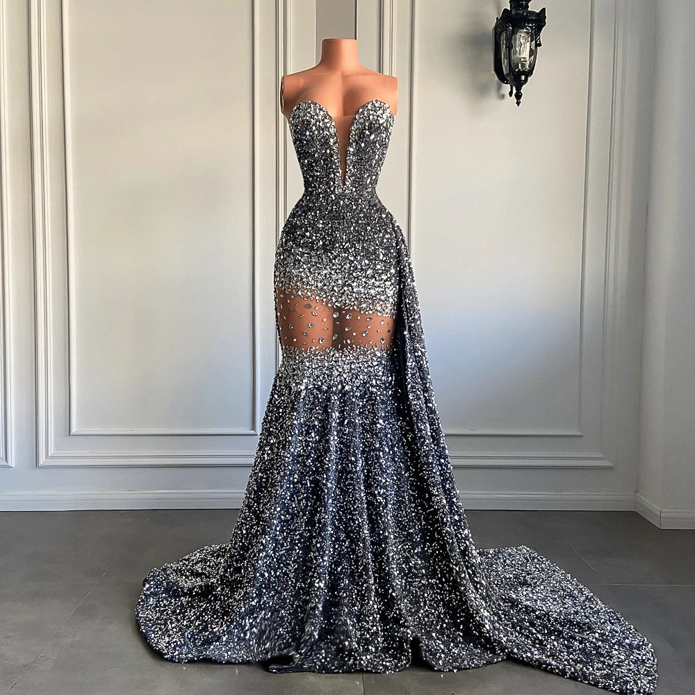 Homecoming Dresses: Prom Dresses Luxury Silver Diamond Crystals Prom Gowns