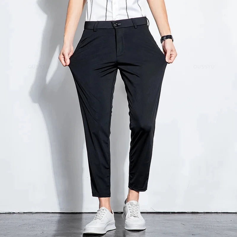 Summer Stretch Suit Pants Men Thin Business Solid Color Slim Ankle-Length