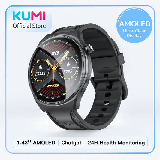 KUMI GW6 Smart Watch with ChatGPT AI Assistant, 1.43" AMOLED Display, Bluetooth Call, 100+ Faces, Fitness Tracker,  Waterproof