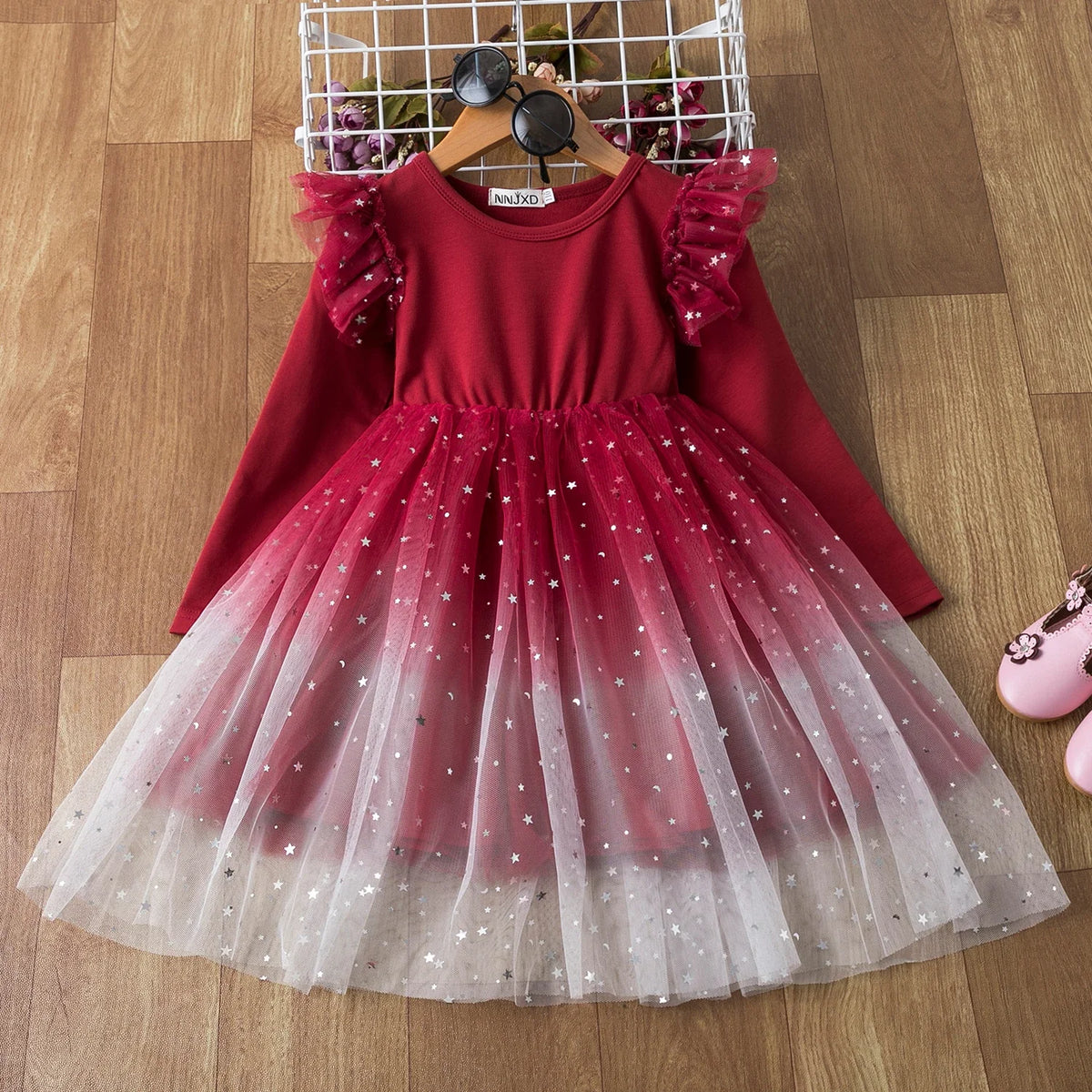 Red Sequins Christmas Dress for Girls Kids Winter Long Sleeve Clothes