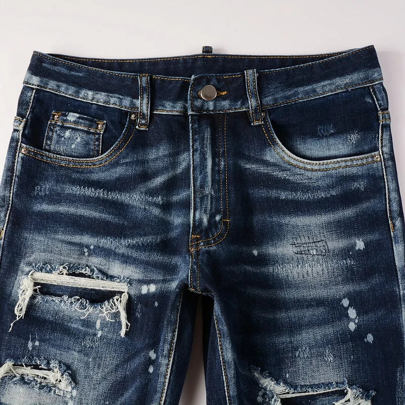 Men Holes Patchwork Denim Jeans Streetwear Dark Blue Stretch Pants Painted