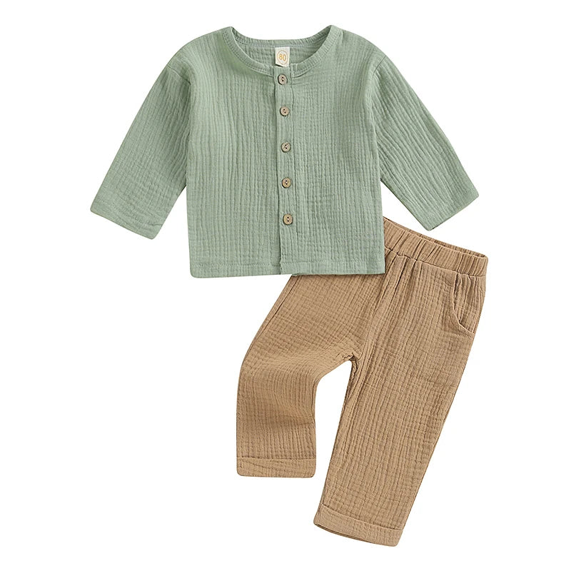 VISgogo 2pcs Kids Baby Boys Outfit Button Down Long Sleeve T-shirt with Solid Color Long Pants Linen Spring Fall Outfit