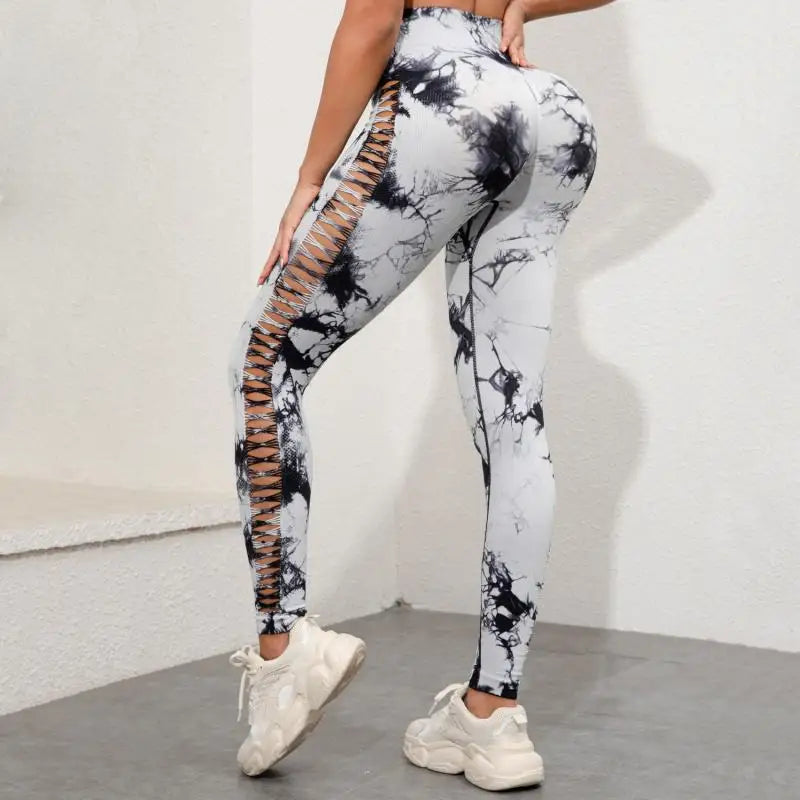 Tie Dye Yoga Pants Hollow Seamless Sport Leggings for Women