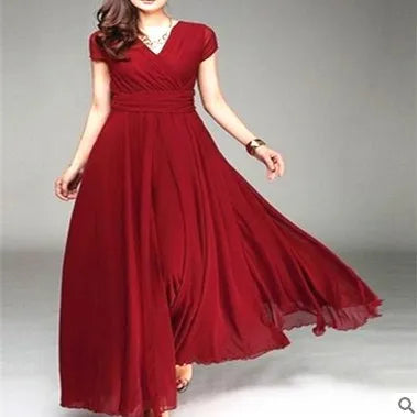 Women's Short-Sleeved Chiffon Evening Dress, Female Party Dress, Monochromatic, Bohemian, Long, Elegant, New, 2022