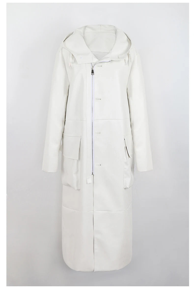 Long Black Loose Waterproof Windproof Soft Pu Leather Trench Coats