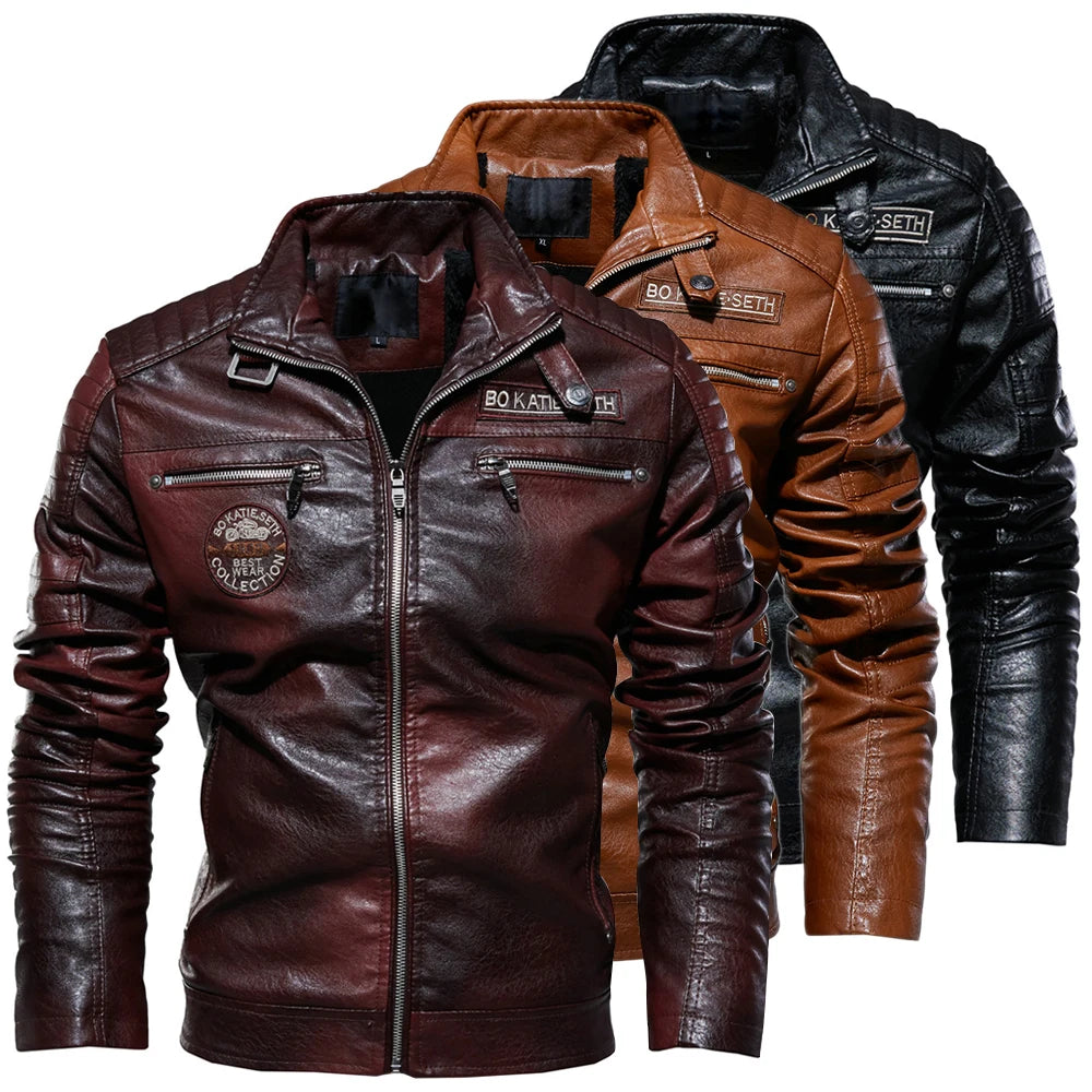 Leather Jacket Men Winter Fleece Motorcycle PU Leather Jacket Mens Stand Collar