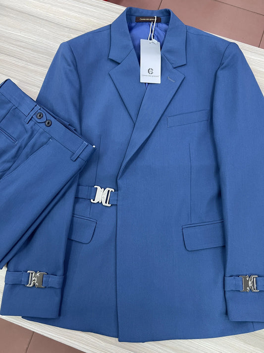 Men Suits Blue Jacket Trousers 2 Pieces Set Metal Side Release Buckle Elegant