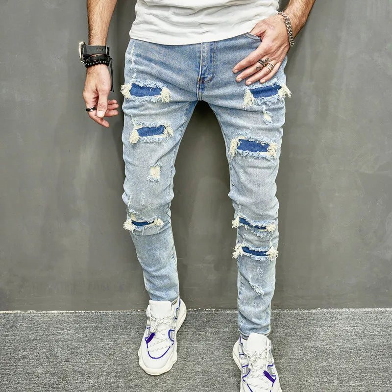 Men Holes Casual Skinny Jeans Pants Streetwear Male Stylish Ripped Solid Hip Hop