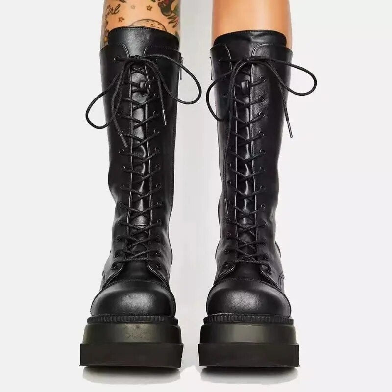 Winter Boots Women Platform Shoes Booties Rain Combat Military Short Leather Black