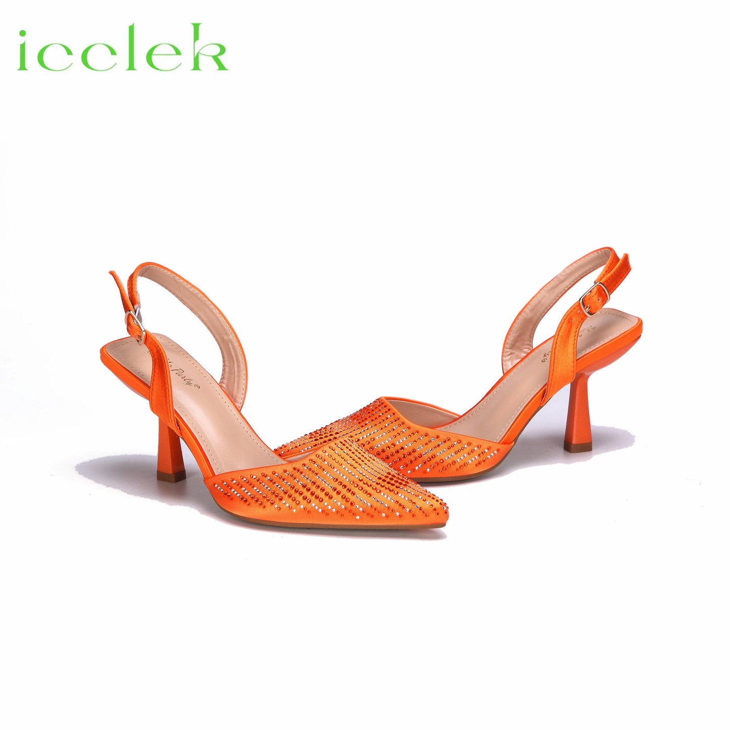Orange Color Pointed Toe Decorated with Bling Bling Rhinestones Design Ladies Shoes Matching Bag Set For Party