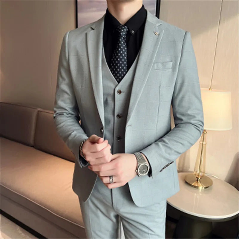 Beach Wedding Outfit Men: 3 Pieces Compete Sets (Jacket+Vest+Pants) Classic Plaid