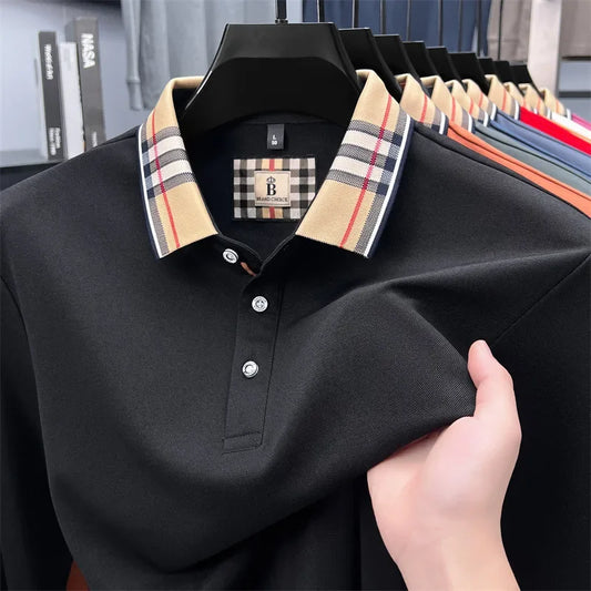 Men's Plaid Long Sleeve Polo Shirt Autumn Winter Casual Office Outdoor Fashion Top Commercial Collar Trendy Men's Clothing