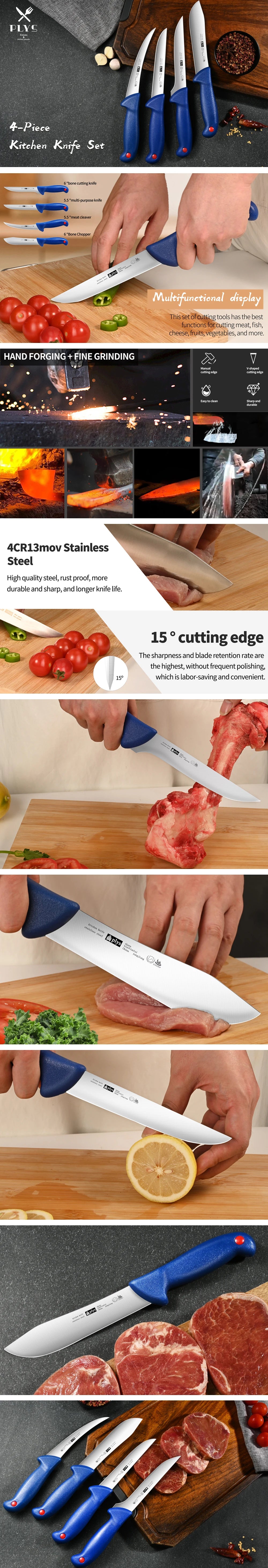 PLYS 1-4PCS Kitchen Knife Stainless Steel 4CR13 Premium Butcher Cleaver Japanese