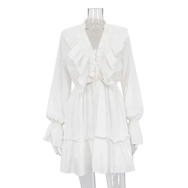 Talenza White Ruffle Bandage Mini Dress Women's Elegant Patchwork Long Sleeve Dress New Slim V Neck Lace Up Summer Mini Dress