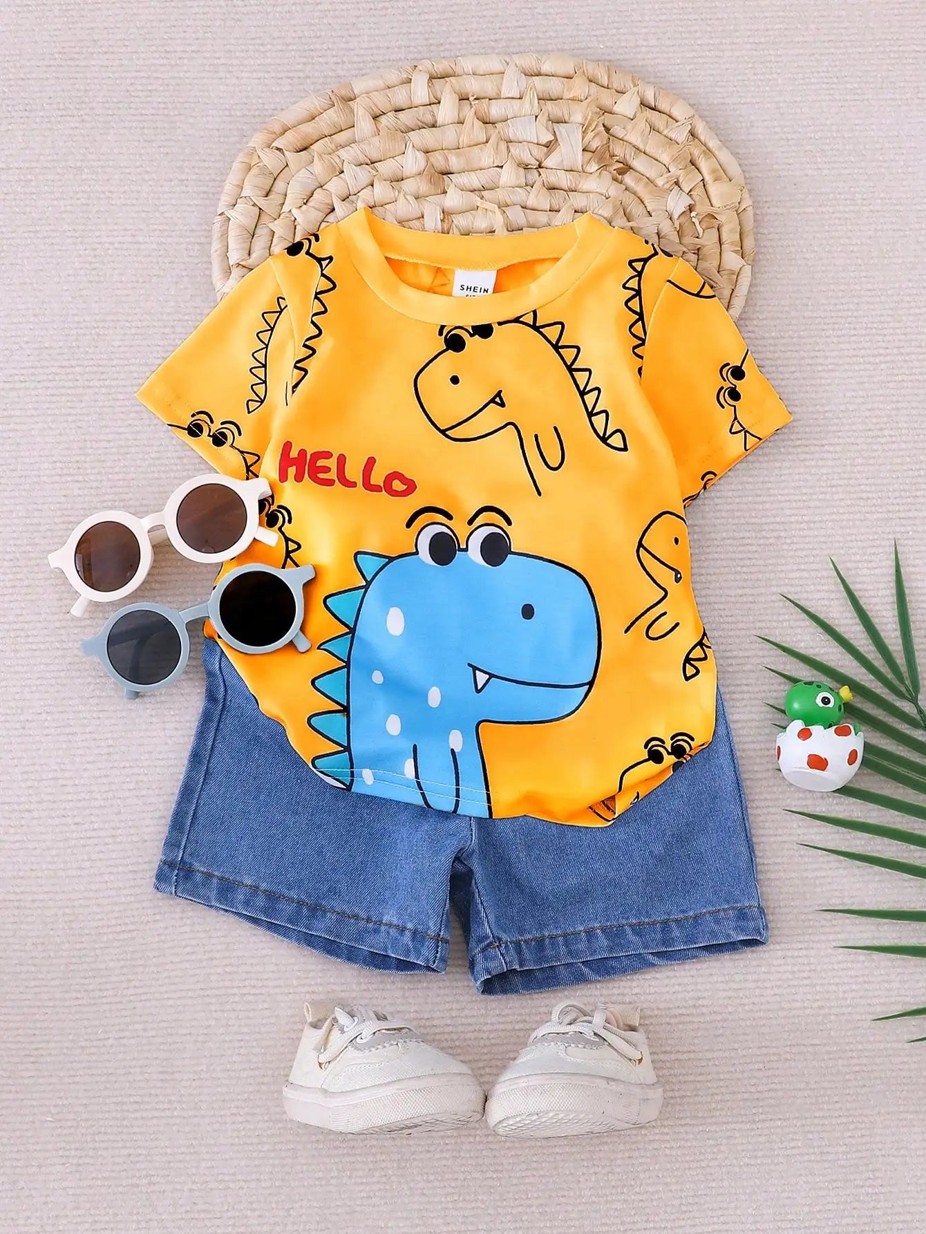 Summer 2-Piece Set New Casual Outdoor Comfort Breathable Cute Dinosaur Print Round Neck Short-Sleeved Denim Shorts Fashion Suit