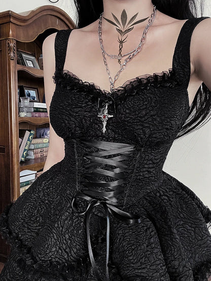 InsGoth Dark Gothic Party Dress Woman Elegant Vintage Lace Splice Spaghetti Strap High Waist Dresses Sling Sexy Slim Clubwear