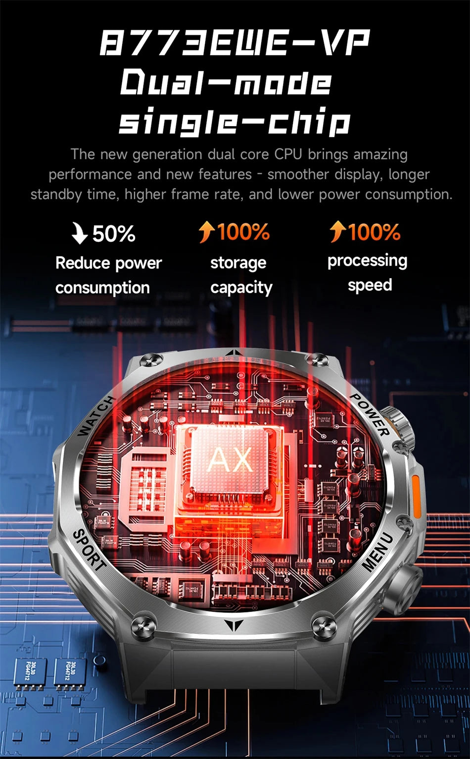 Rugged Outdoor Sports AK82 Smartwatch 1.85" HD Touchscreen 800mAh Long Battery Life Fitness Tracker Calorie Distance Smart Watch