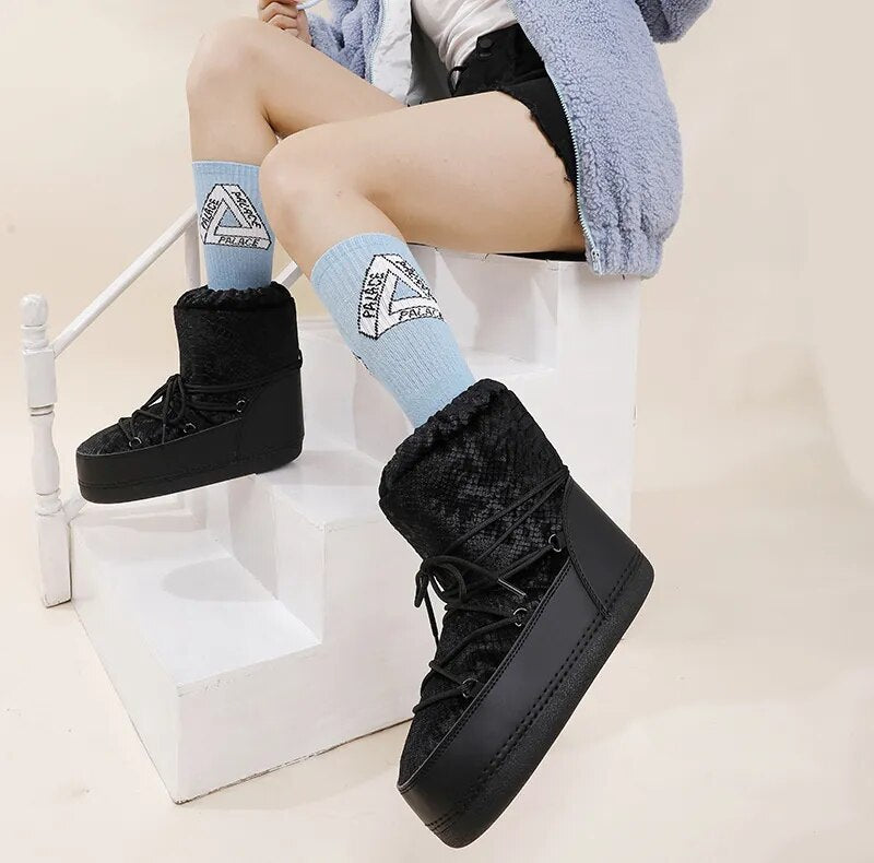 Winter Ski Boots Snow Boots Women Lace-up Ankle Snow Boots Female Platform