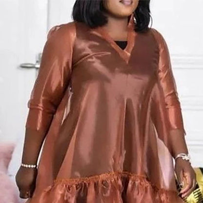 Plus Size Semi Formal Midi Dresses Casual Brown Fall Winter V Neck 3/4 Sleeve Flounce Organza Midi Dresses