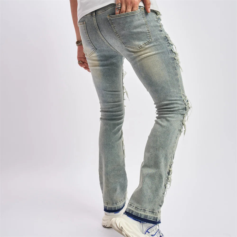 Men Vintage Stylish Loose Ripped Patch Jeans Pants Streetwear Male Solid Casual