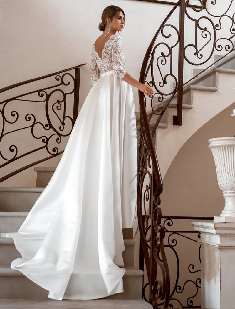 White Bridesmaid Dresses: Wedding Dresses V-Neck Satin A-Line Bridal Gown