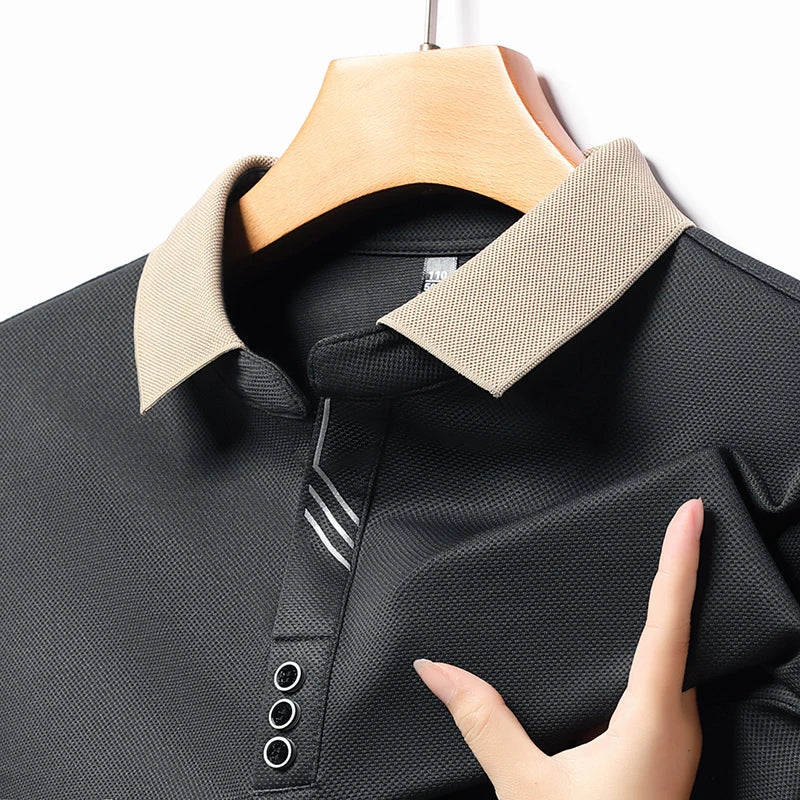 New Men's Long-sleeved Polo Shirt Sweatwear Business Casual Top Fashion Classic Solid Color Male Brand Basic V-neck Top