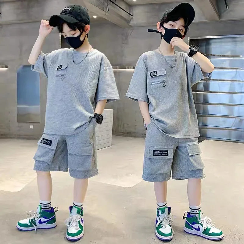 Boys Loose Casual Sets Summer Big Kids Short Sleeve Clothing Suit Teen Sport T-Shirt Tops+Shorts 2Pcs Children Fashion Outfits
