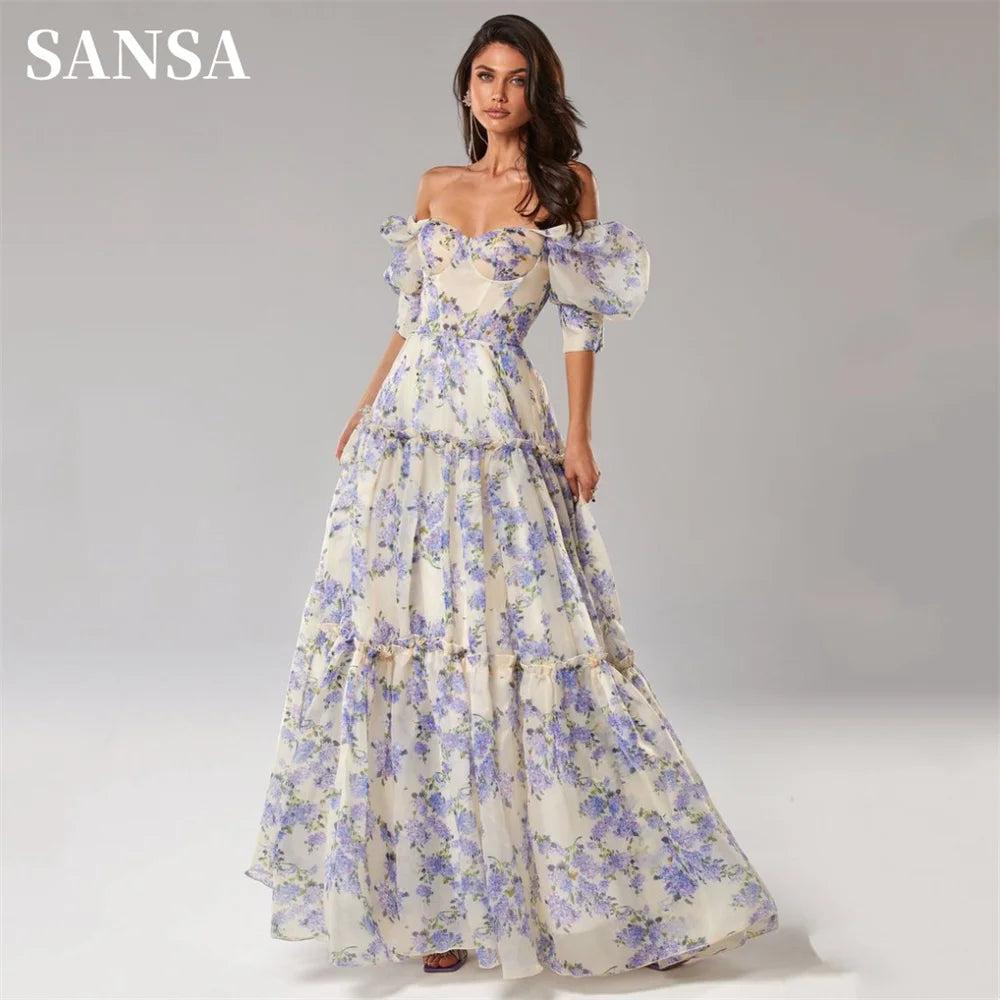 Homecoming Dresses: Blue And White Puffy Sleeve A-line Prom Dress