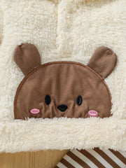 Baby Boys 2Pcs Newborn-6M Winter Long Sleeve Cartoon Bear  Hooded Coat & Striped Trousers Pantsuit Daily Clothing