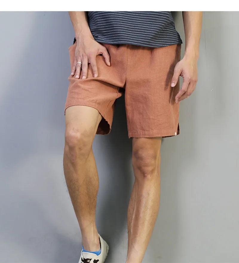 Schinteon Summer Men Casual Cotton Linen Shorts Knee Length Beach Elastic Waist Shorts Solid Color Comfortable Pants New
