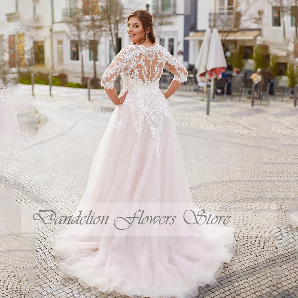 Exquisite Wedding Dresses For Women 2023 Bride O-Neck Three Quarter Sleeves Bride Gowns Tulle A-Line Robe De Mariée Plus Size