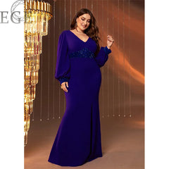 Plus Size Women Elegant Dresses Fashion Long Sleeve V-Neck Slim Party Dresses