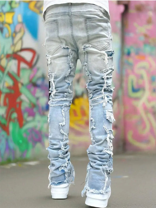Ripped Jeans Male Retro Trend Street Style Fashion Spliced Slim Jeans Versatile