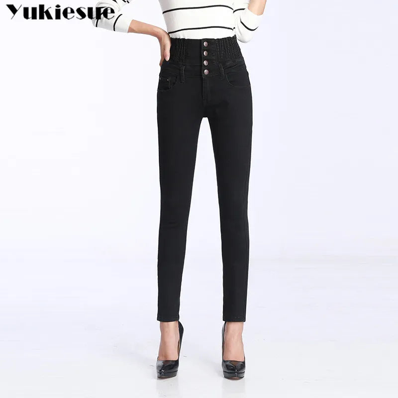 Womens Winter Jeans High Waist Skinny Pants Fleece /no velvet Elastic Waist Jeans