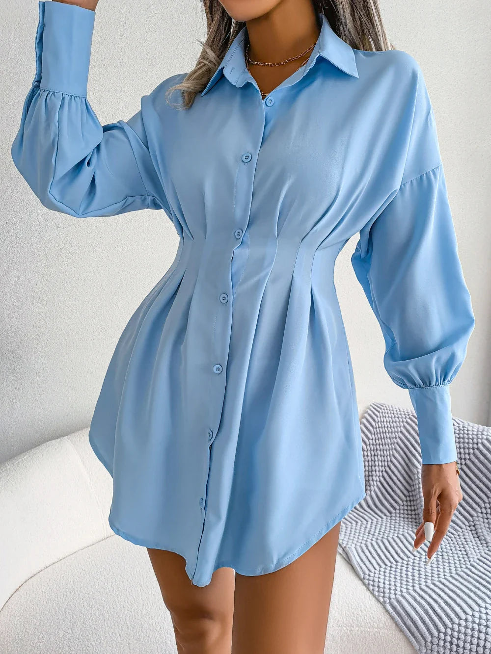 Women Casual Buttons Long Sleeve Shirt Dress Autumn 2026 Solid Color Lapel Mini Dress White Blue Army Green Woman Clothing