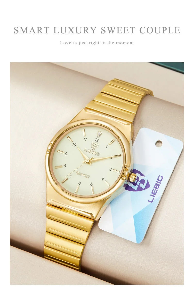 LIEBIG Japan Quart Movement Women Mens Watches Luxury Stainless Steel Female Ladies Golden Wristwatch Clock Relogio Feminino