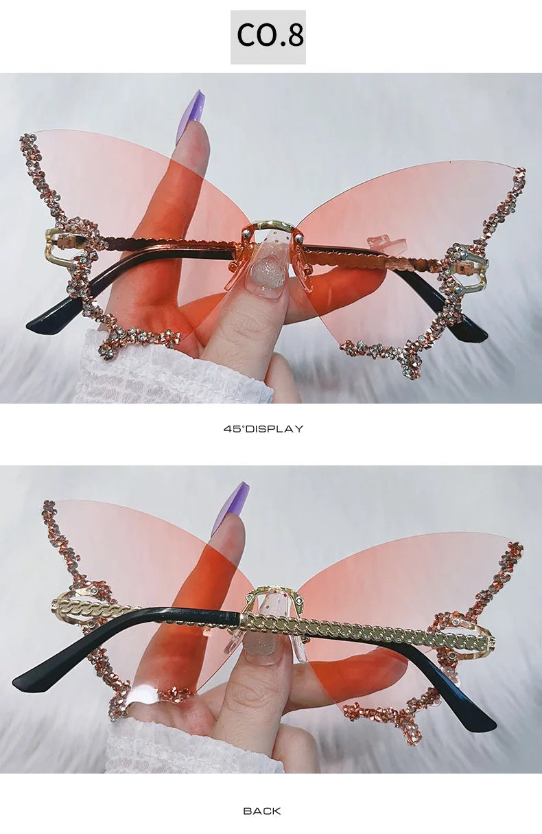 Luxury Party Sunglasses Women Butterfly Diamond Rhinestones Personality Flash Shades Tint Color Travel Blogger Glasses